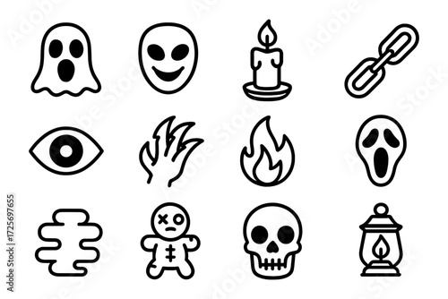 Spooky minimalist icons for halloween: ghosts, flames, skulls, and more