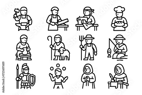 Medieval and traditional occupations in outline style: a glimpse into historic professions