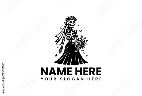 Skeleton Bride with Rose Crown and Bouquet Gothic Wedding Illustration.