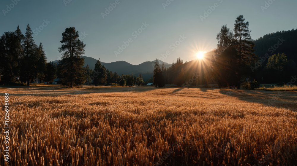 Fototapeta premium Golden wheat field at sunset with sunburst and pine trees