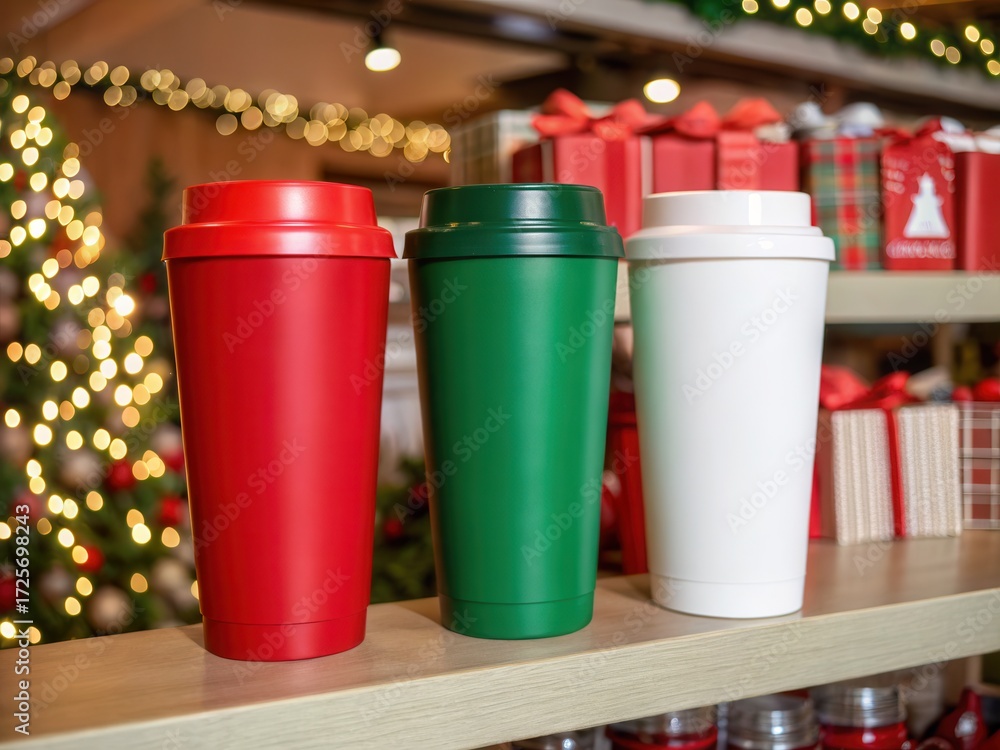 Fototapeta premium Christmas tumbler mockup. Three festive coffee cups in red, green, and white are displayed on a shelf with decorative holiday gifts and blurred lights in the background.