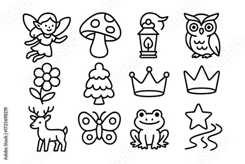 Whimsical fairy tale icons: nature elements and characters in bold outline
