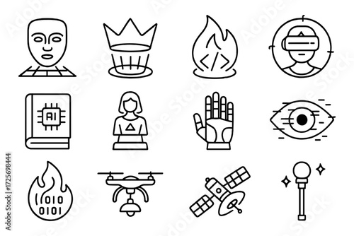 Modern technology icons: ai, robotics, and virtual reality in linear style