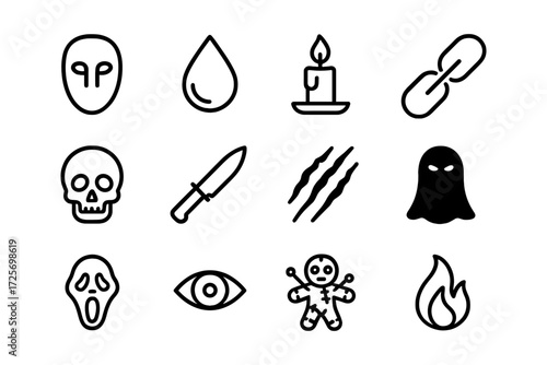 Horror icon set: ghost, skull, knife, candle, voodoo, and more in bold line art style