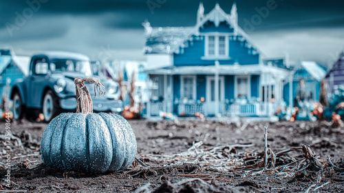 A spooky Halloween scene with a pumpkin, truck, and blue house. A blue pumpkin sits in a field in front of a vintage truck and a blue house, creating a spooky Halloween atmosphere. Scary fairytale.