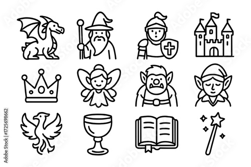 Charming fantasy icons set: dragons, wizards, castles, and more in bold linear style