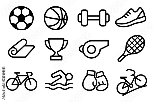 Sports equipment icons set: modern black and white line art for fitness and recreation
