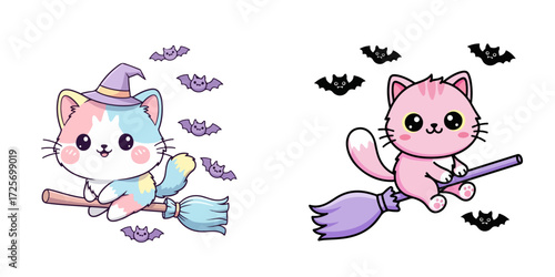 Cute Kawaii Fluffy Cat Riding Broomstick with Bats, Halloween Vector Illustration, Flat Design
