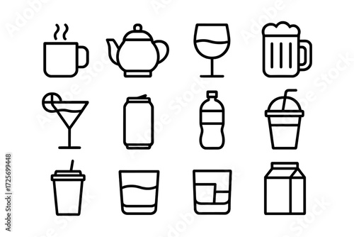 Minimalist beverage icons set featuring coffee, tea, wine, and soft drinks in linear style