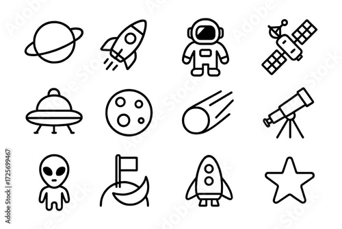 Space exploration icons: simple linear designs featuring rocket, planet, and alien elements