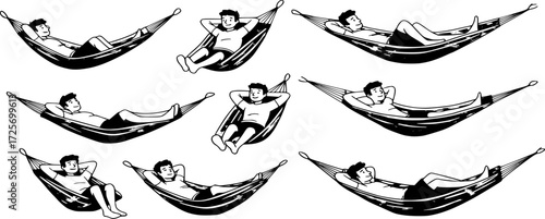 Man relaxing lying in hammock. Vector
