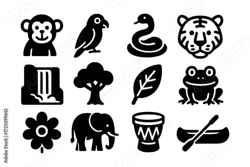 Bold jungle and wildlife silhouette icons in black and white