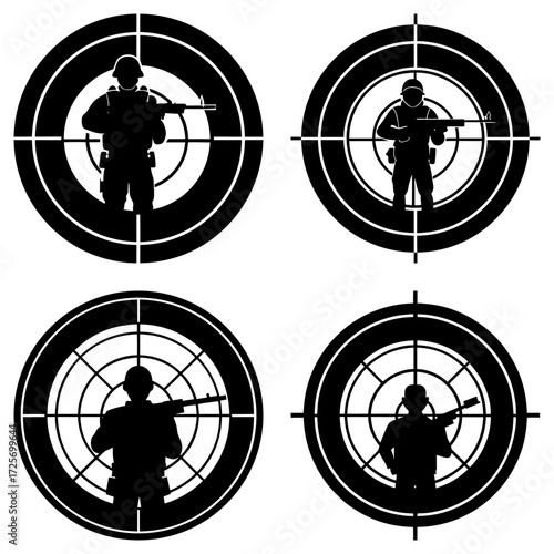 Four black and white targets each containing a silhouette of a soldier holding a rifle in the center