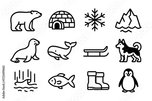 Arctic icons set: polar bear, igloo, and more in bold outline style