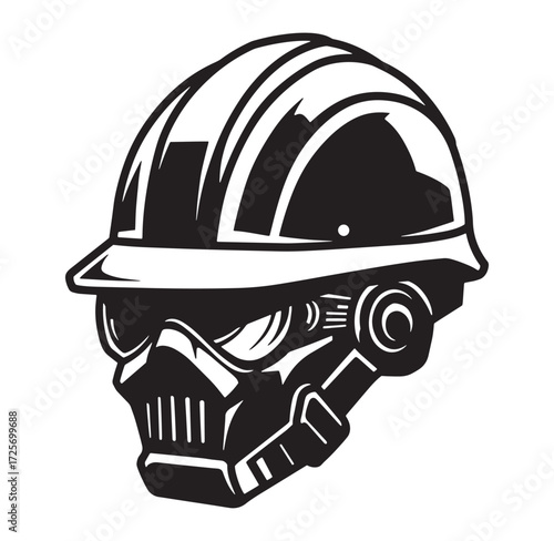 A bold graphic illustration of a futuristic hard hat with a skull-like face design