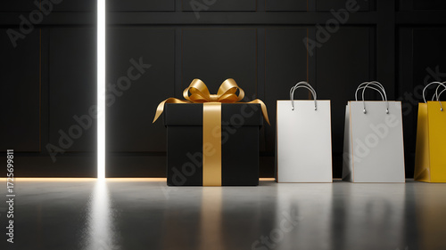 Black Gift Box with Gold Ribbon and Shopping Bags
