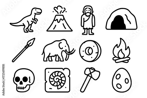 Prehistoric elements: caveman, dinosaurs, and tools in bold linear style