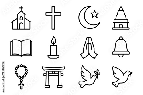 Religious symbols outline collection: church, cross, crescent, temple, candle, prayer, peace dove, rosary