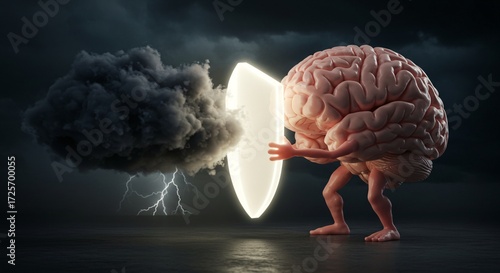 3D Brain with Glowing Shield Deflecting Storm Clouds, Symbol of Mental Resilience, Positivity, Emotional Protection, Strength, and Wellness Concept