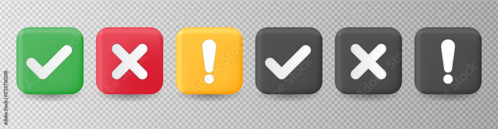Obraz premium Check mark icons. Checkmark and cross mark buttons. Tick sign, exclamation mark and cross icon. Yes and No symbols. Vector illustration for ui, infographic, website, app, web use