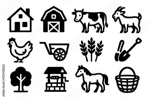 Rural farm icons collection: animal and agriculture silhouettes