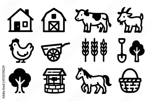 Farm elements collection: barn, animals, wheelbarrow, crops, tools, basket, trees, linear style