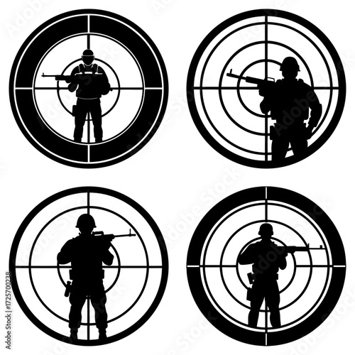 Four black and white targets each containing a soldier silhouette aiming a rifle at the viewer
