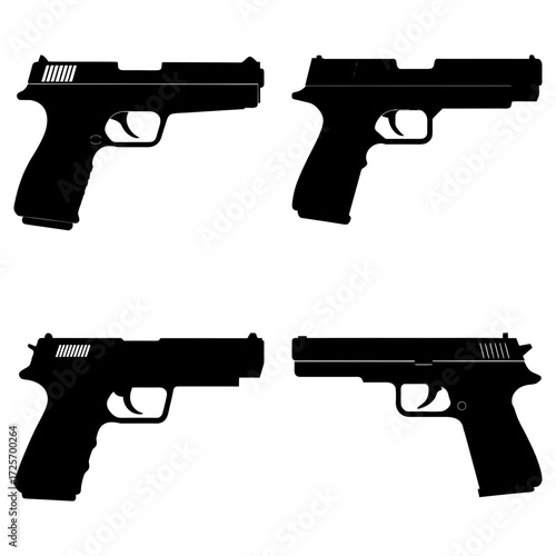 Silhouette depiction of four different handguns arranged in a rectangular formation on white background