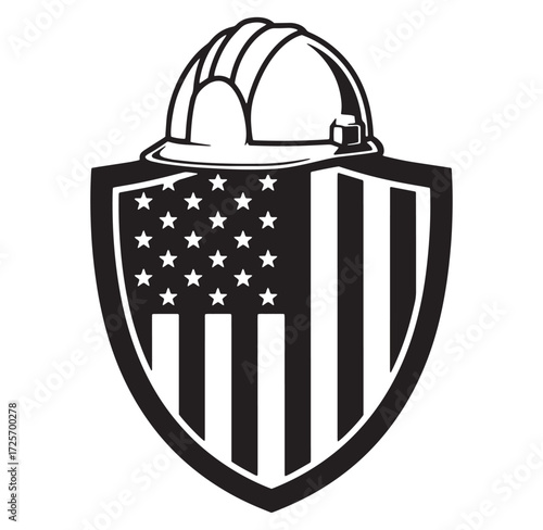 American flag shield featuring hard hat ideal for patriotic construction industry imagery
