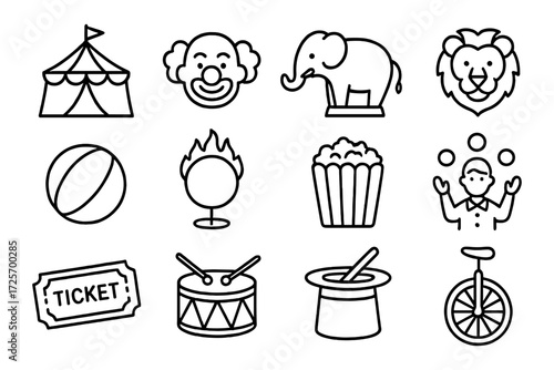Circus icons collection: clown, elephant, lion, and more in simple line art