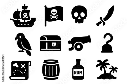 Pirate icons collection: classic silhouette designs featuring ship, skull, and treasure elements