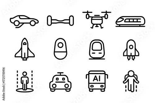 Linear transport and technology icons: cars, trains, spacecraft, and drones