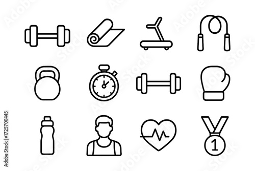 Fitness equipment set: line art icons for gym and exercise