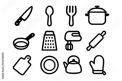 Essential kitchen tools icon set in bold line art style