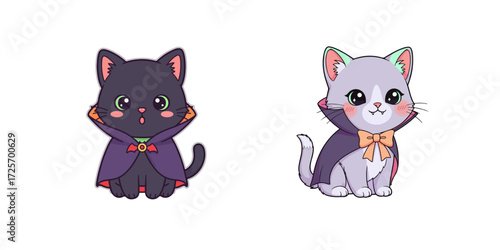 Cute Kawaii Vampire Kitten in Pastel Halloween Colors on White Background
