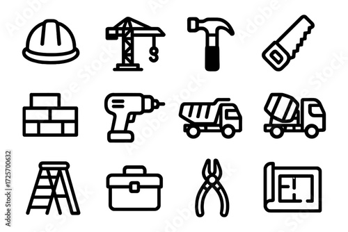 Construction tools and equipment in bold line art style