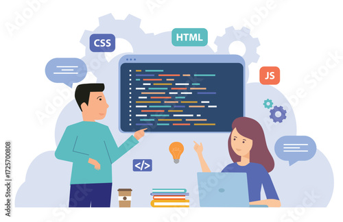 Programmers writing code using laptop. Development programmer, programming and coding