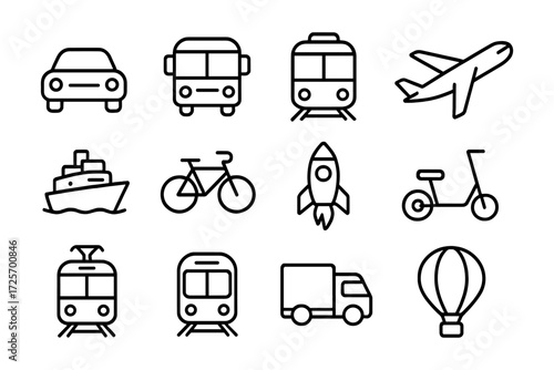 Simple linear icons of various transportation modes for design projects