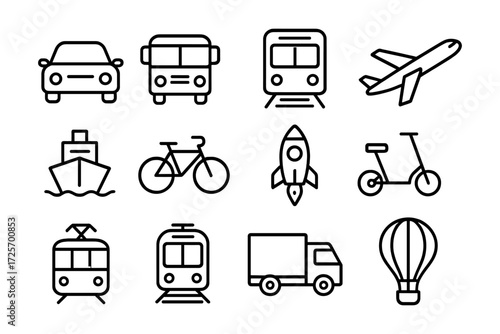 Outline icons set: transportation modes including car, bus, train, airplane, ship, bicycle, rocket, scooter, and balloon