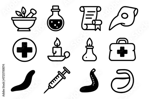 Medieval health icons set: healing, alchemy, and medicine tools in line art