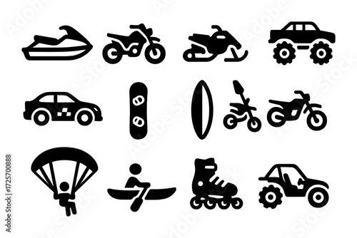 Silhouette icons of vehicles and outdoor sports adventure equipment