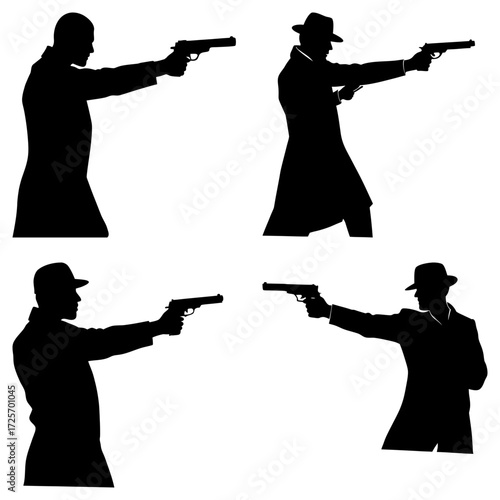 Silhouetted figures pointing guns in various poses against a white background in a four panel layout