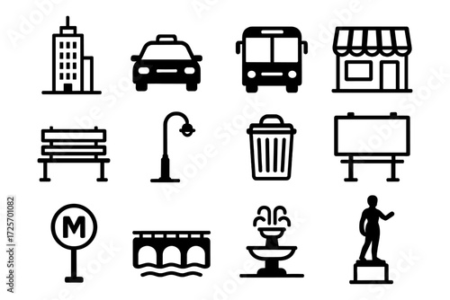 Urban icons collection: city life elements in bold black outline
