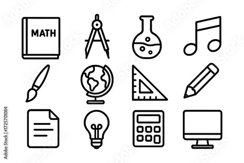 Educational icon set featuring math, science, art and technology symbols
