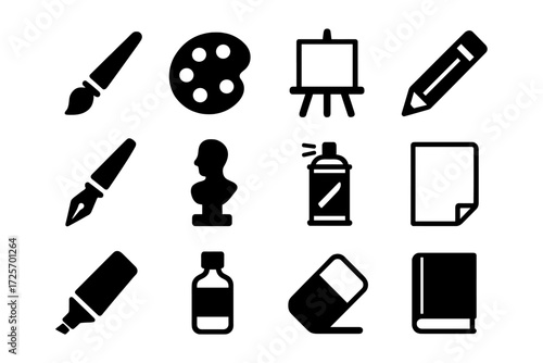 Artistic tools icon set: simplified design featuring classic art materials for creative projects