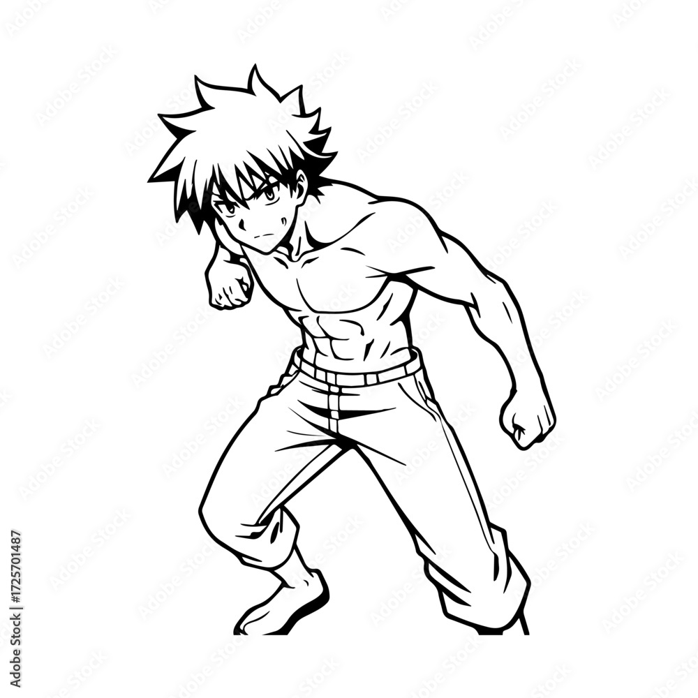 Fototapeta premium Black and white hot anime character line art illustration, stylish minimal outline drawing in clean style