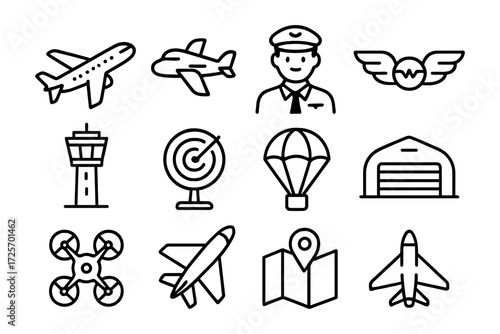 Aviation icon set in minimalist linear style featuring pilot and aircraft elements