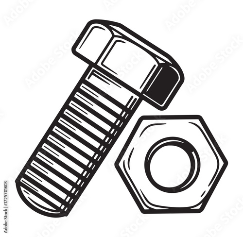 Black and white illustration of a bolt and nut isolated on a white background