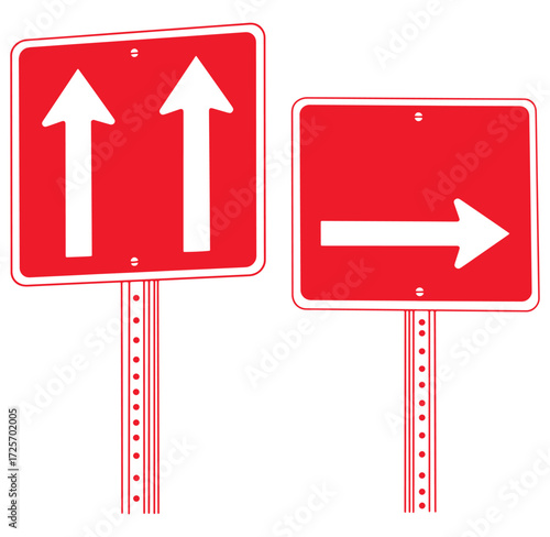 Isolated traffic signs illustrating straight ahead and right turn directions with bright colors