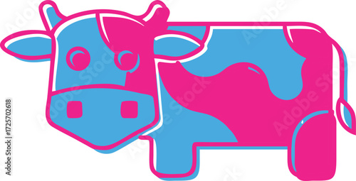 Fun Graphic Art Illustration of a Dairy Cow in Pink and Blue